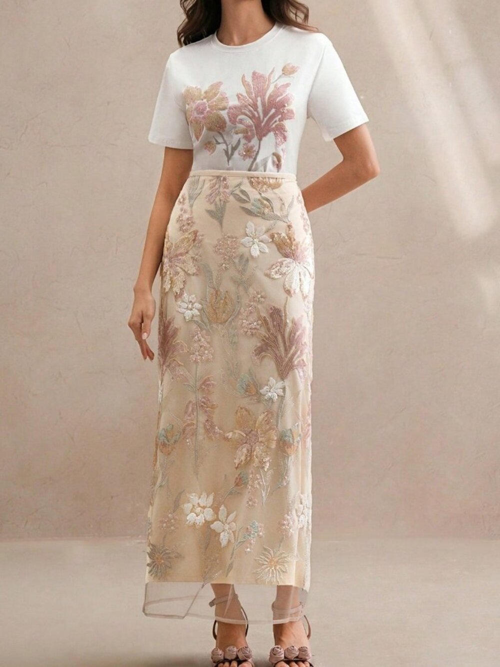 Apricot & Tan Elegant Women's Floral Embroidered Maxi Skirt